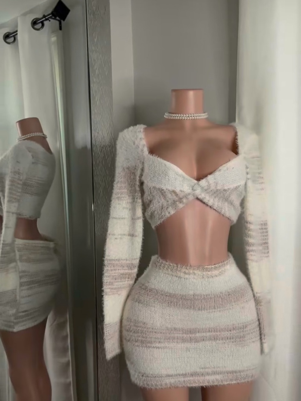 Fuzzy Two-Piece Knit Crop Top & Mini Skirt Set - Cream Stripe